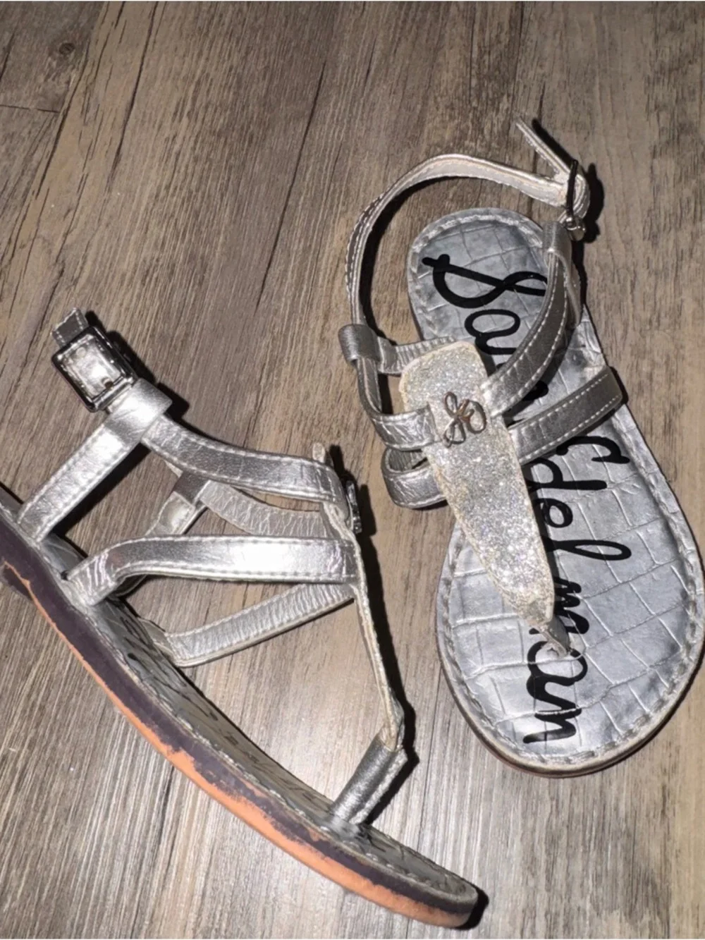 Sam Edelman Girls Silver Glitter T-Strap Sandals